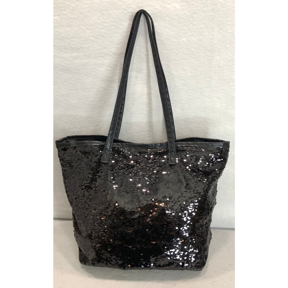 90s Y2K Retro Style Black Sequin Tote Bag Whimsical Gold Crown Logo & Pouch - Picture 6 of 15